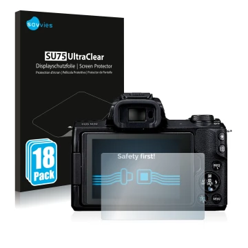 Front side of a product packaging with the brand logo Savvies. Next to it is the device Canon EOS M50 shown with the correspon