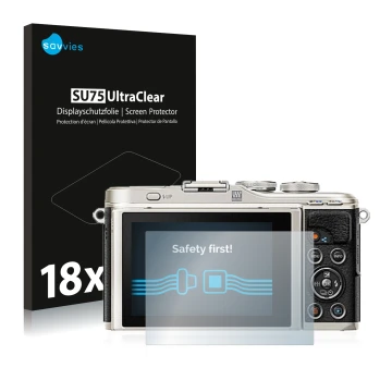 Front side of a product packaging with the brand logo Savvies. Next to it is the device Olympus PEN E-PL9 shown with the corre