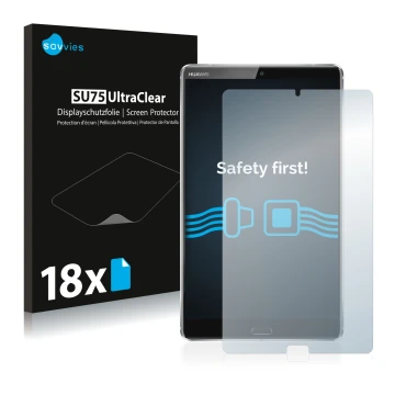Front side of a product packaging with the brand logo Savvies. Next to it is the device Huawei MediaPad M5 8.4 shown with the 