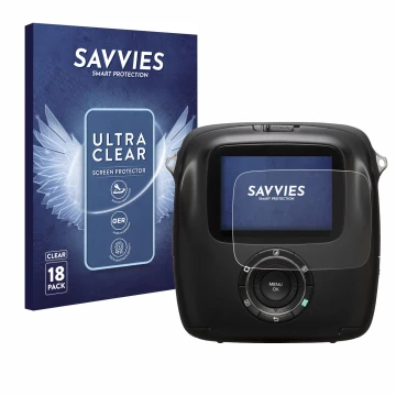 Front side of a product packaging with the brand logo Savvies. Next to it is the device Fujifilm Instax Square SQ10 shown with