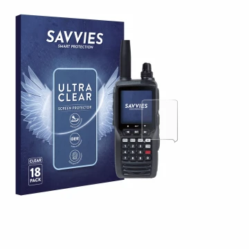 Front side of a product packaging with the brand logo Savvies. Next to it is the device Yaesu FTA-450 shown with the correspon