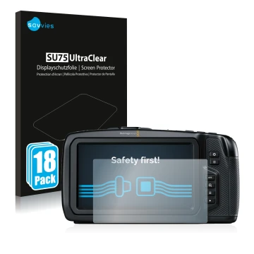Front side of a product packaging with the brand logo Savvies. Next to it is the device Blackmagic Pocket Cinema Camera 4K sho