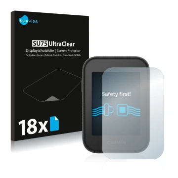 Front side of a product packaging with the brand logo Savvies. Next to it is the device Garmin Approach G30 shown with the cor