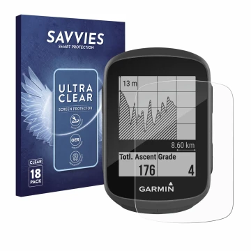 Front side of a product packaging with the brand logo Savvies. Next to it is the device Garmin Edge 130 shown with the corresp