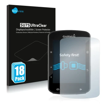 Front side of a product packaging with the brand logo Savvies. Next to it is the device Garmin Edge 520 Plus shown with the co