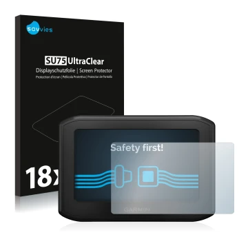 Front side of a product packaging with the brand logo Savvies. Next to it is the device Garmin zumo 396 LMT-S shown with the c