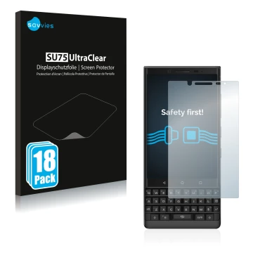 Front side of a product packaging with the brand logo Savvies. Next to it is the device BlackBerry Key2 shown with the corresp