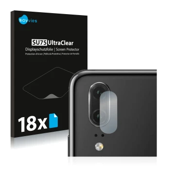 Front side of a product packaging with the brand logo Savvies. Next to it is the device Huawei P20 (ONLY Camera Lens) shown wi