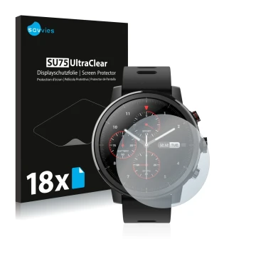 Front side of a product packaging with the brand logo Savvies. Next to it is the device Huami Amazfit Stratos shown with the c