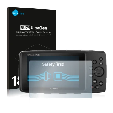 Front side of a product packaging with the brand logo Savvies. Next to it is the device Garmin GPSMAP 276Cx shown with the cor