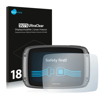 Front side of a product packaging with the brand logo Savvies. Next to it is the device TomTom Rider 500 shown with the corres