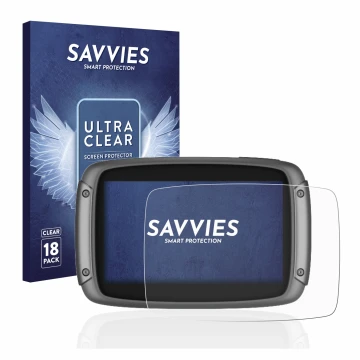 Front side of a product packaging with the brand logo Savvies. Next to it is the device TomTom Rider 550 shown with the corres
