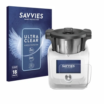 Front side of a product packaging with the brand logo Savvies. Next to it is the device SilverCrest Monsieur Cuisine Connect s