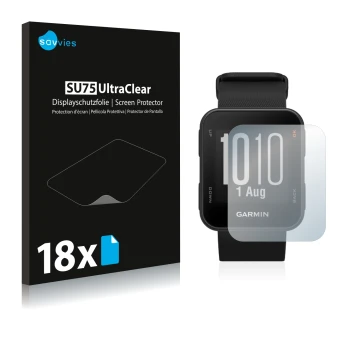 Front side of a product packaging with the brand logo Savvies. Next to it is the device Garmin Approach S10 shown with the cor