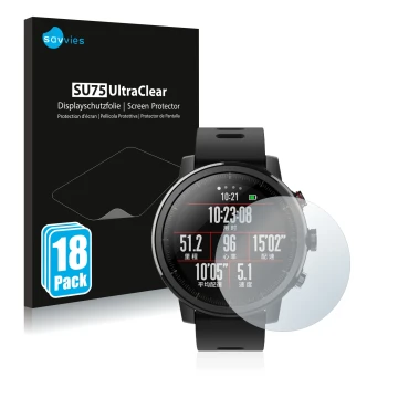Front side of a product packaging with the brand logo Savvies. Next to it is the device Huami Amazfit Stratos 2 shown with the