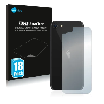 Front side of a product packaging with the brand logo Savvies. Next to it is the device Apple iPhone SE 2 2020 (Back) shown wi