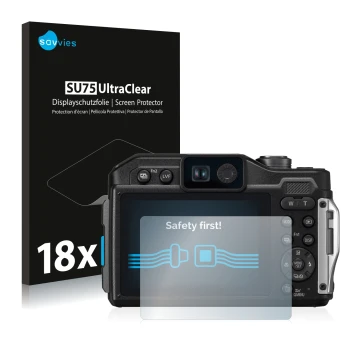 Front side of a product packaging with the brand logo Savvies. Next to it is the device Panasonic Lumix DC-FT7 shown with the 