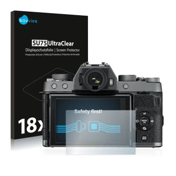 Front side of a product packaging with the brand logo Savvies. Next to it is the device Fujifilm X-T100 shown with the corresp