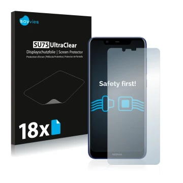 Front side of a product packaging with the brand logo Savvies. Next to it is the device Nokia 5.1 Plus 2018 shown with the cor