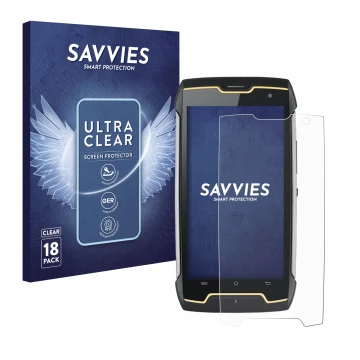 Front side of a product packaging with the brand logo Savvies. Next to it is the device Cubot King Kong shown with the corresp