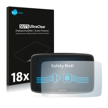 Front side of a product packaging with the brand logo Savvies. Next to it is the device TomTom GO Camper shown with the corres