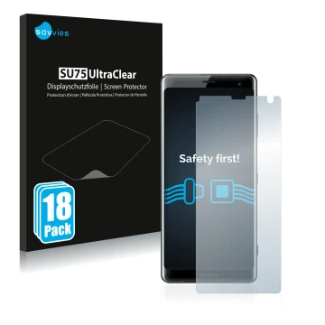 Front side of a product packaging with the brand logo Savvies. Next to it is the device Sony Xperia XZ3 shown with the corresp