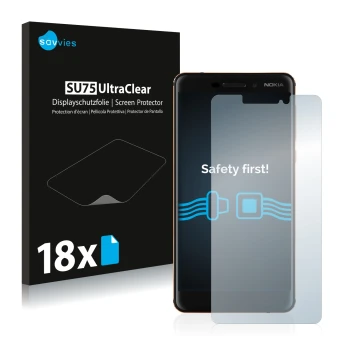 Front side of a product packaging with the brand logo Savvies. Next to it is the device Nokia 6.1 shown with the corresponding
