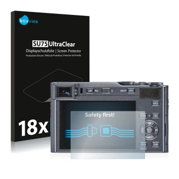 Front side of a product packaging with the brand logo Savvies. Next to it is the device Leica C-Lux shown with the correspondi