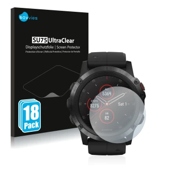 Front side of a product packaging with the brand logo Savvies. Next to it is the device Garmin Fenix 5X Plus (51 mm) shown wit