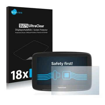 Front side of a product packaging with the brand logo Savvies. Next to it is the device TomTom GO Basic (6