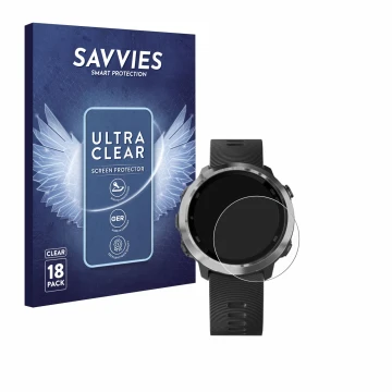 Front side of a product packaging with the brand logo Savvies. Next to it is the device Garmin Forerunner 645 Music shown with