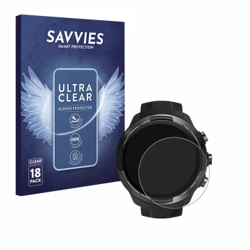 Front side of a product packaging with the brand logo Savvies. Next to it is the device Suunto 9 shown with the corresponding 