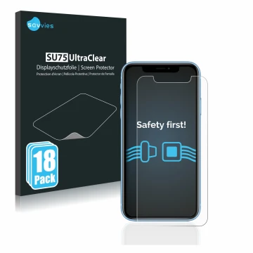 Front side of a product packaging with the brand logo Savvies. Next to it is the device Apple iPhone XR shown with the corresp