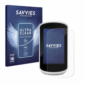 Front side of a product packaging with the brand logo Savvies. Next to it is the device Garmin Edge Explore 2018 shown with th
