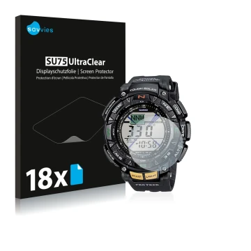 Front side of a product packaging with the brand logo Savvies. Next to it is the device Casio Pro Trek PRG-240-1ER shown with 
