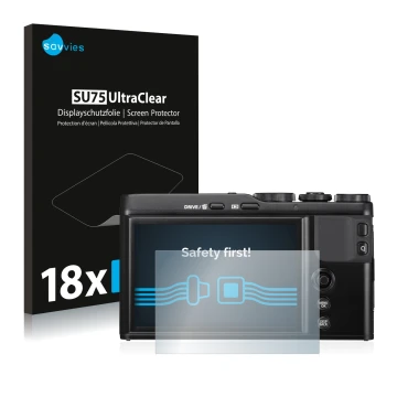 Front side of a product packaging with the brand logo Savvies. Next to it is the device Fujifilm XF10 shown with the correspon