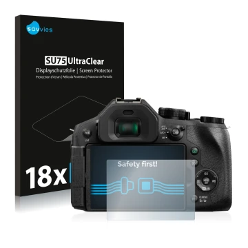 Front side of a product packaging with the brand logo Savvies. Next to it is the device Panasonic Lumix DMC-FZ330 shown with t