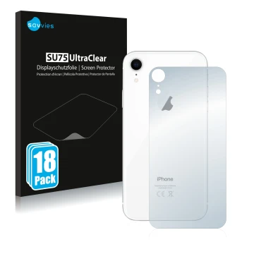 Front side of a product packaging with the brand logo Savvies. Next to it is the device Apple iPhone XR (Back) shown with the 
