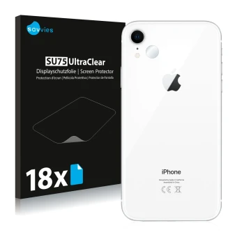 Front side of a product packaging with the brand logo Savvies. Next to it is the device Apple iPhone XR (ONLY Camera Lens) sho