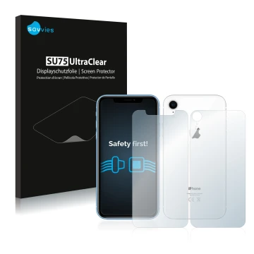 Front side of a product packaging with the brand logo Savvies. Next to it is the device Apple iPhone XR (Front+Back) shown wit