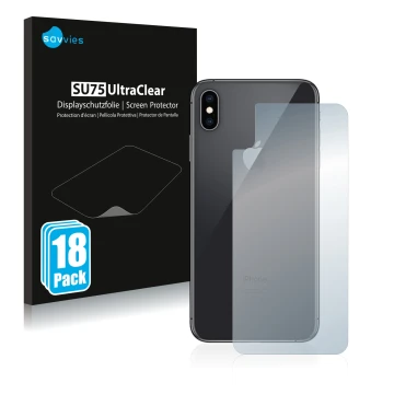 Front side of a product packaging with the brand logo Savvies. Next to it is the device Apple iPhone Xs Max (Back) shown with 