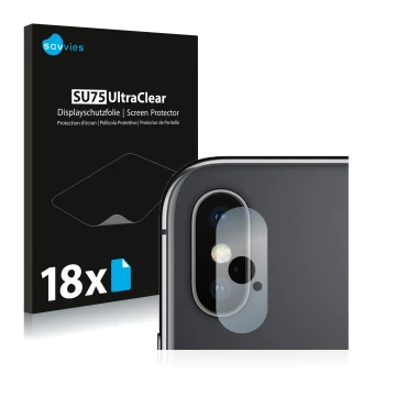 Front side of a product packaging with the brand logo Savvies. Next to it is the device Apple iPhone Xs Max (ONLY Camera Lens)
