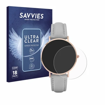 Front side of a product packaging with the brand logo Savvies. Next to it is the device Cluse La Boheme (38 mm) shown with the