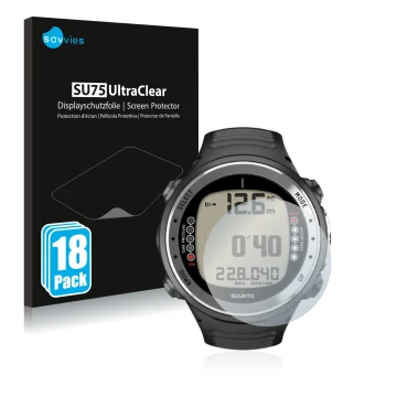 Front side of a product packaging with the brand logo Savvies. Next to it is the device Suunto D4I shown with the correspondin