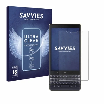 Front side of a product packaging with the brand logo Savvies. Next to it is the device BlackBerry Key2 LE shown with the corr