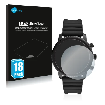 Front side of a product packaging with the brand logo Savvies. Next to it is the device Fossil Q Explorist HR (4.Gen) shown wi