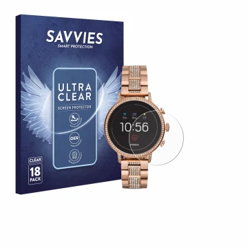 Front side of a product packaging with the brand logo Savvies. Next to it is the device Fossil Q Venture HR (4.Gen) shown with
