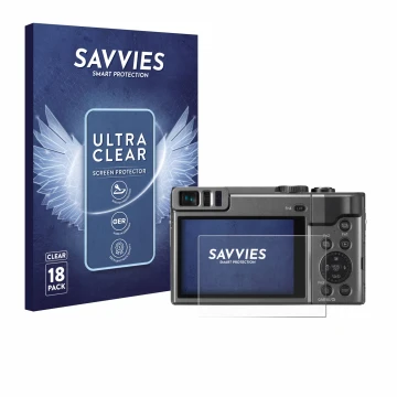 Front side of a product packaging with the brand logo Savvies. Next to it is the device Panasonic Lumix DC-TZ90 shown with the