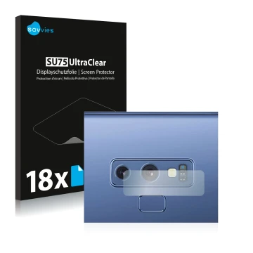 Front side of a product packaging with the brand logo Savvies. Next to it is the device Samsung Galaxy Note 9 (ONLY Camera Len