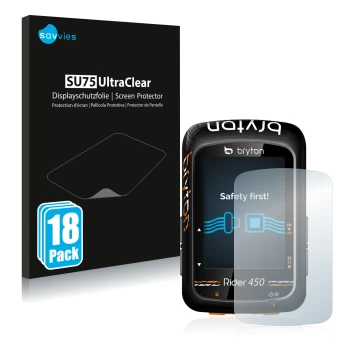 Front side of a product packaging with the brand logo Savvies. Next to it is the device Bryton Rider 450 shown with the corres
